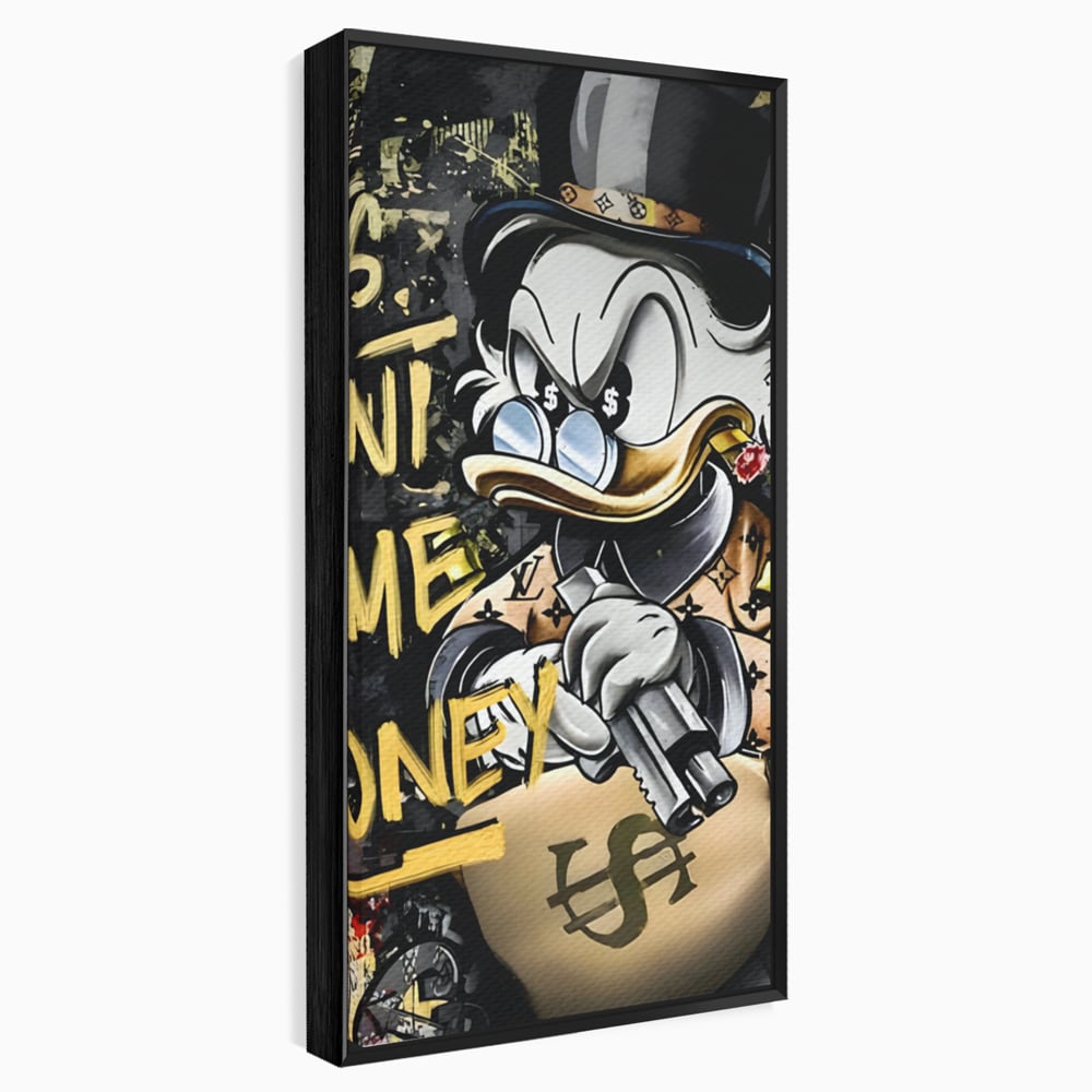 Tablou canvas cu ilustratie cu scrooge duck tinand o arma, in rama de aluminiu negru